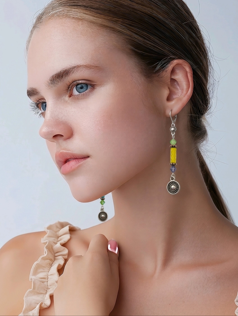 Flirty Eclectic Asymmetric Beaded Art Glass Dangle Earrings - Picture 2 of 4